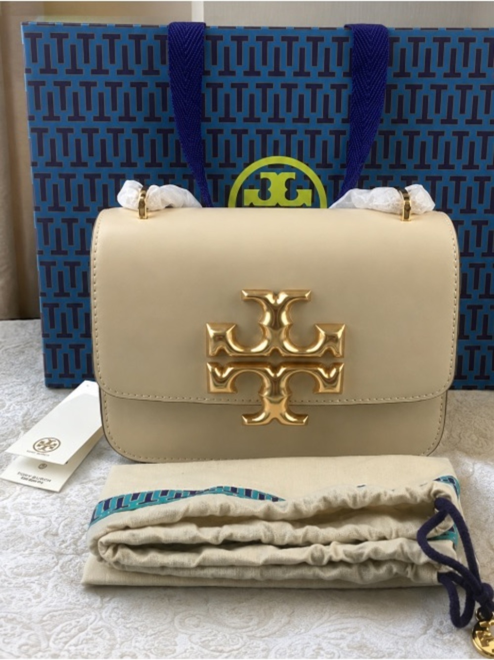 Tory Burch Cream Kira Convertible Shoulder Bag with Gold Logo